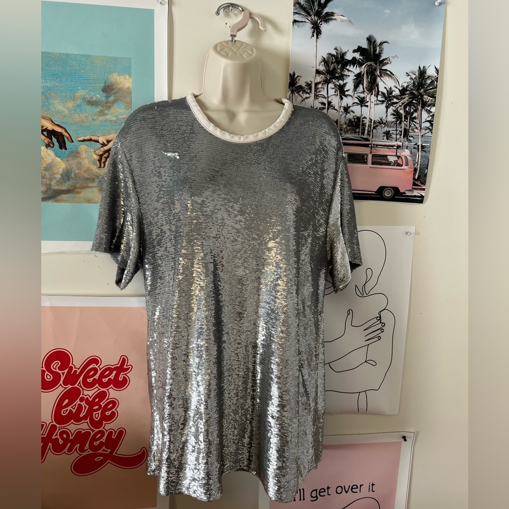IRO silver sequined short sleeved top SZ 36